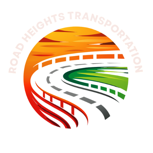 Road transportation logo with curved highways in orange, green, and red