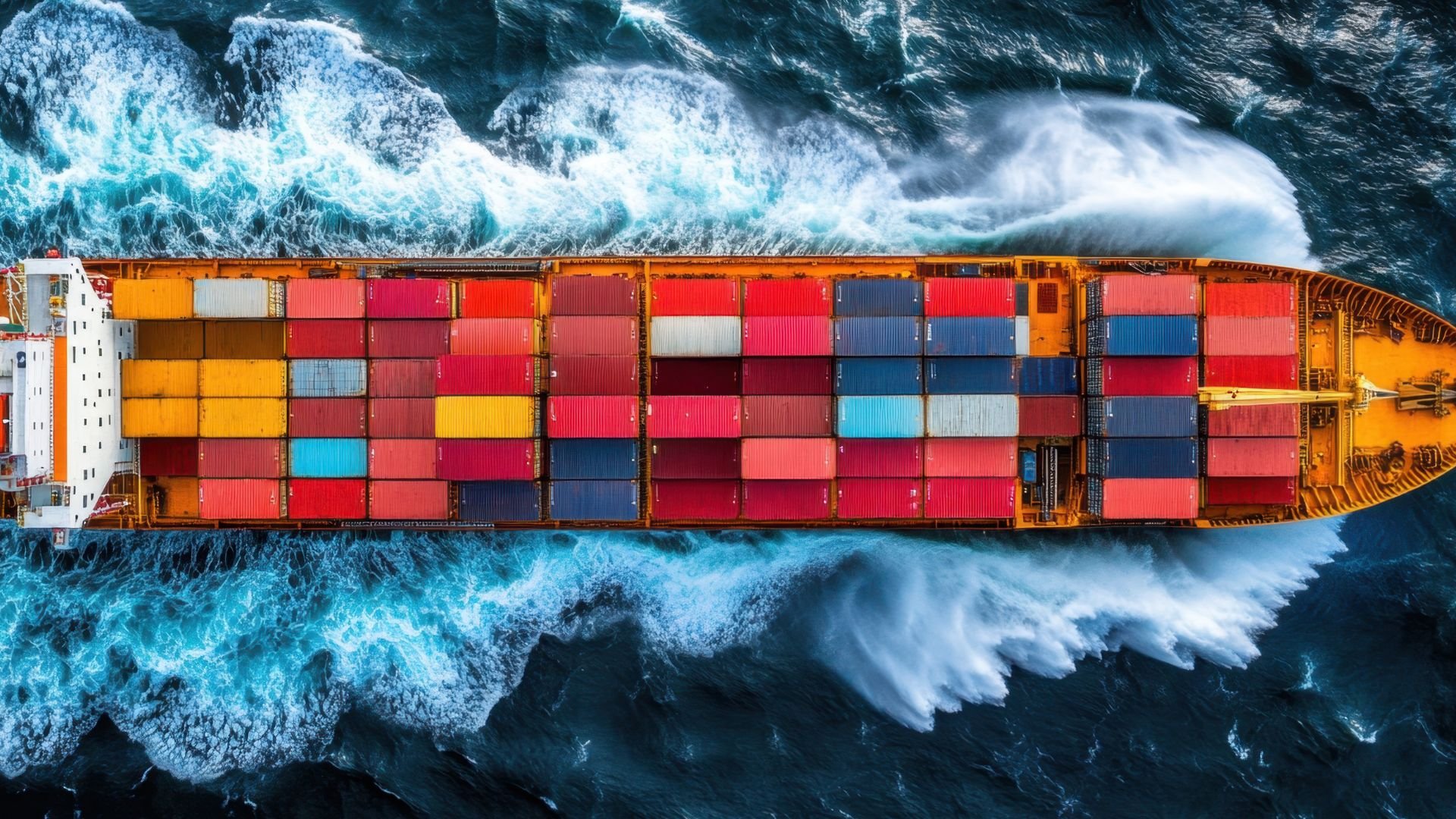 Colorful cargo ship sailing through rough, turbulent ocean waves