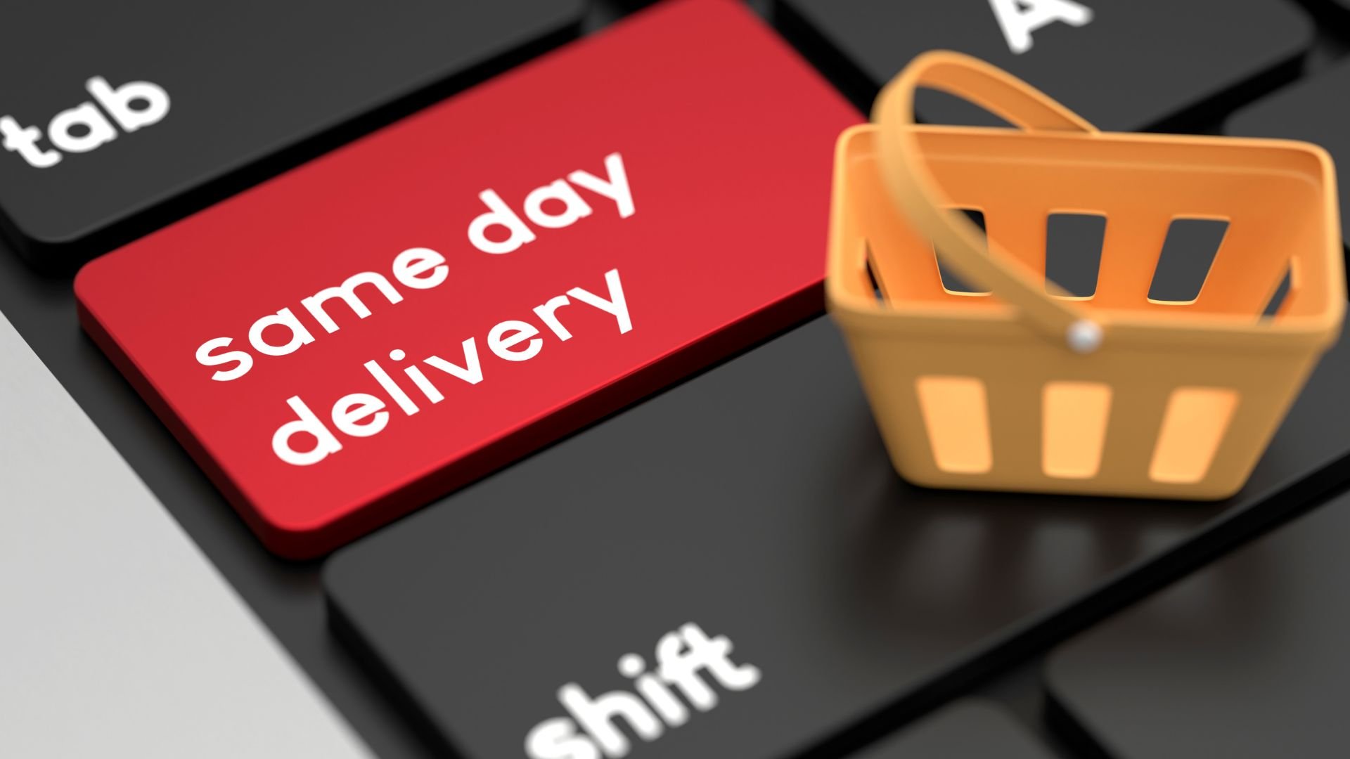 Same day delivery button with shopping basket on keyboard